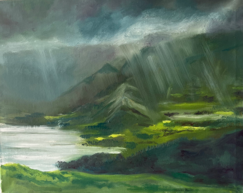 Moody landscape with dark clouds, mountains, and a reflective lake surrounded by green hills.